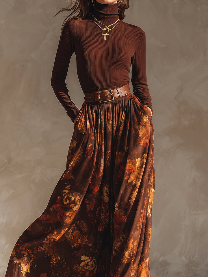 Retro Turtleneck Knitted Top & Printed Long Skirt Set with Belt