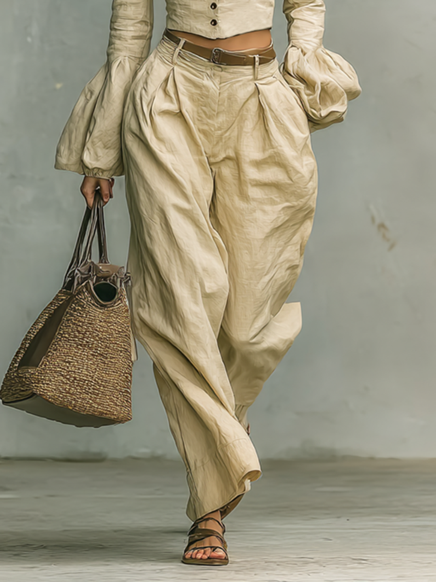 Women's Retro Linen-Like Fabric Stand Collar Ankle-Length Shirt Pants Two-Piece Set