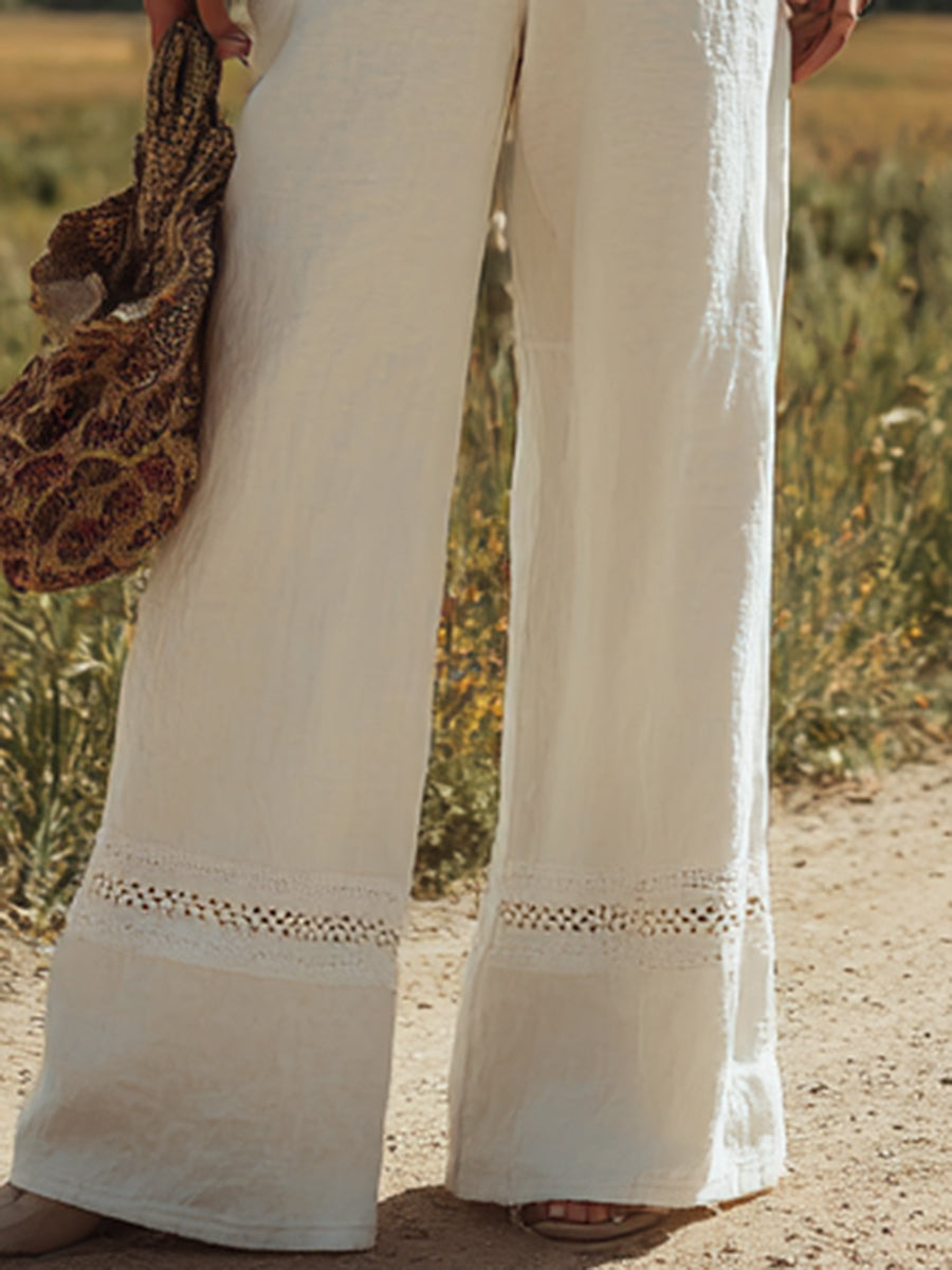 Ladies' White Linen Sleeveless Strap Jumpsuit with Buttons and Lace Design