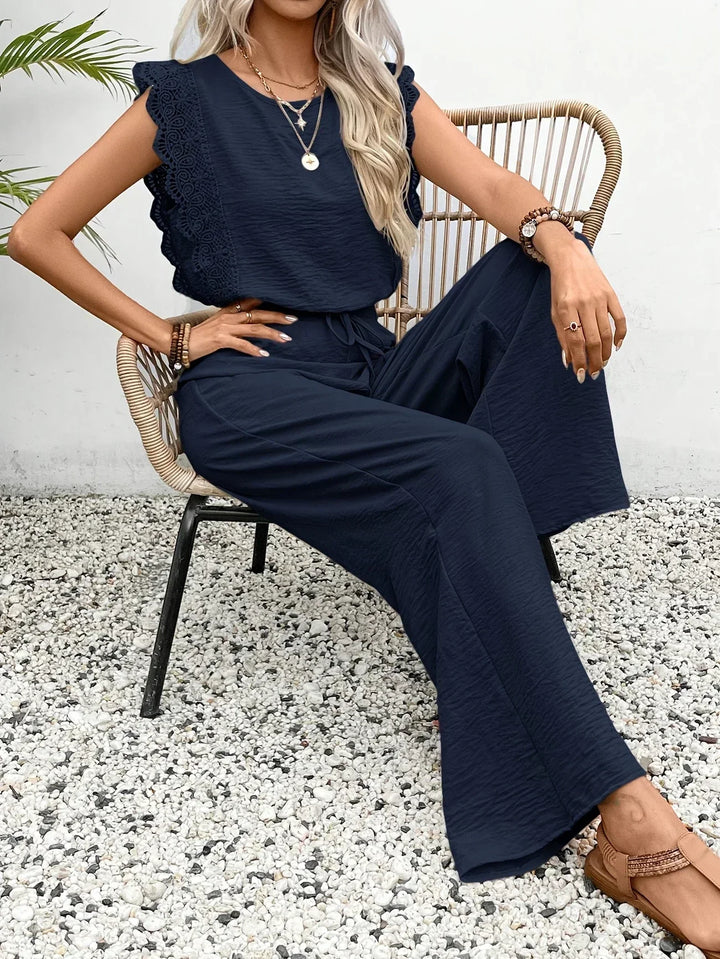 Zella |  Elegant Two-Piece Set | Lace-Trimmed Top and Wide-Leg Trousers