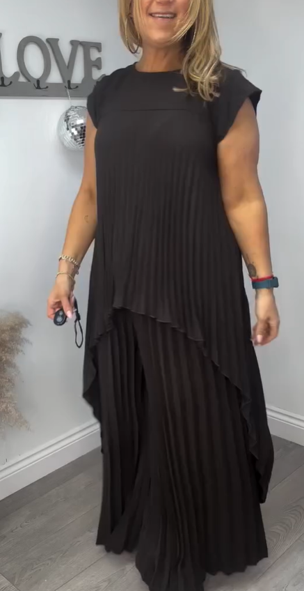 Sherry| Pleated Midi Top & Wide-Leg Pants Set | Elegant Two-Piece Set