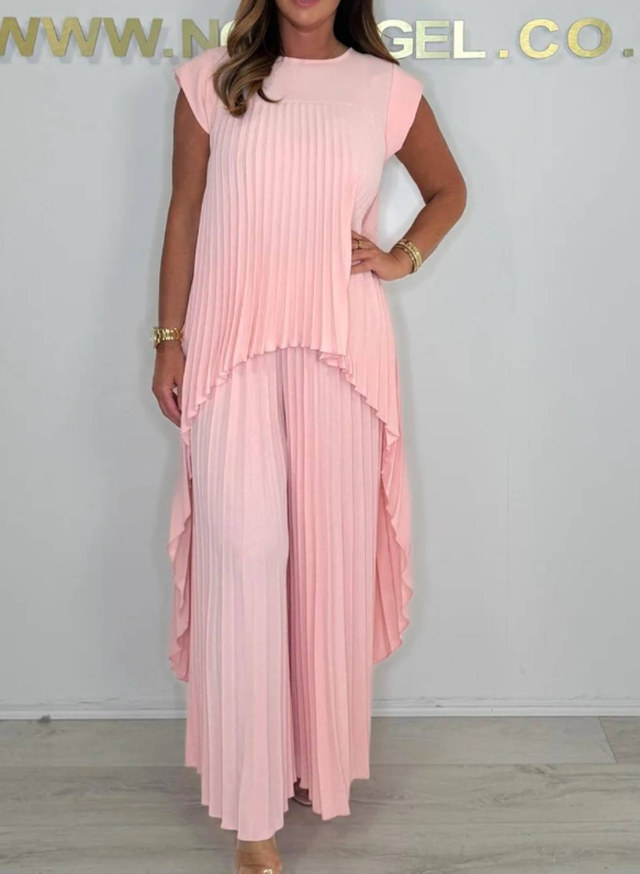 Sherry| Pleated Midi Top & Wide-Leg Pants Set | Elegant Two-Piece Set