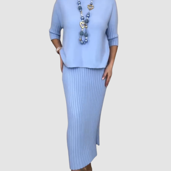 Delyssa | Elegant 2-Piece Set | Relaxed Top and Ribbed Midi Skirt