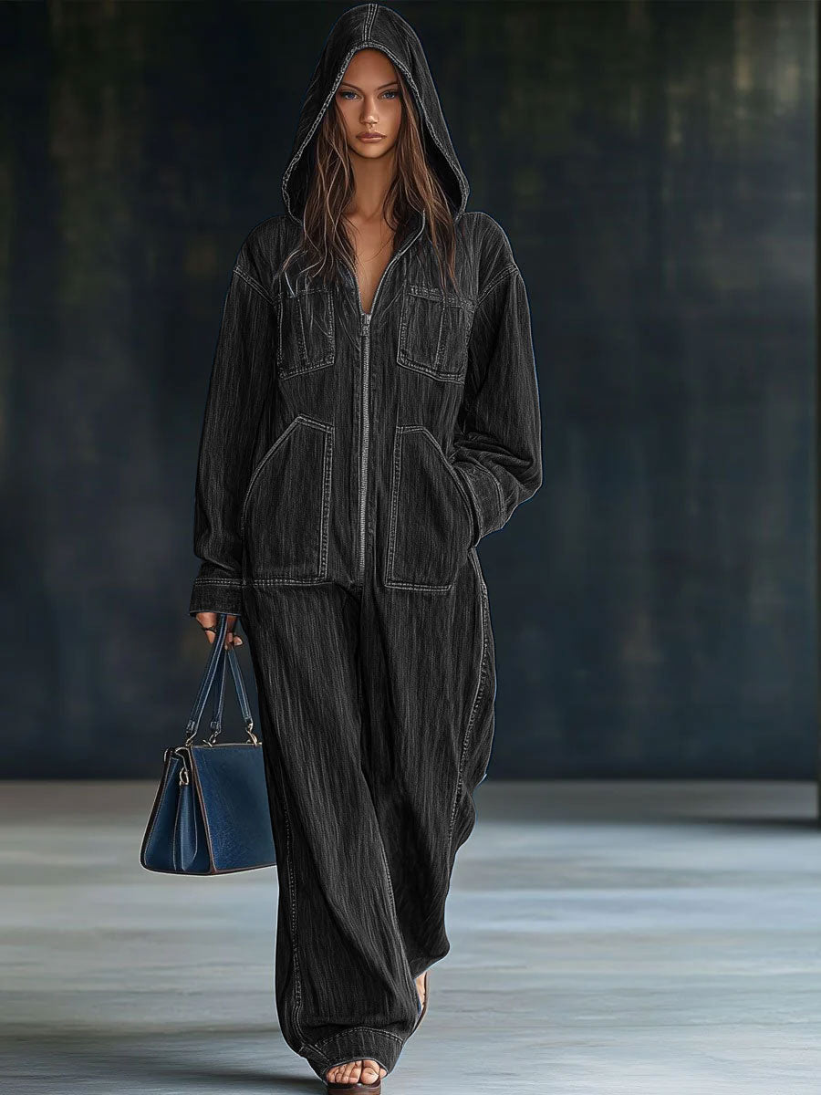 Casual Loose Retro Pocket Long Sleeve Hooded Zip Denim Jumpsuit