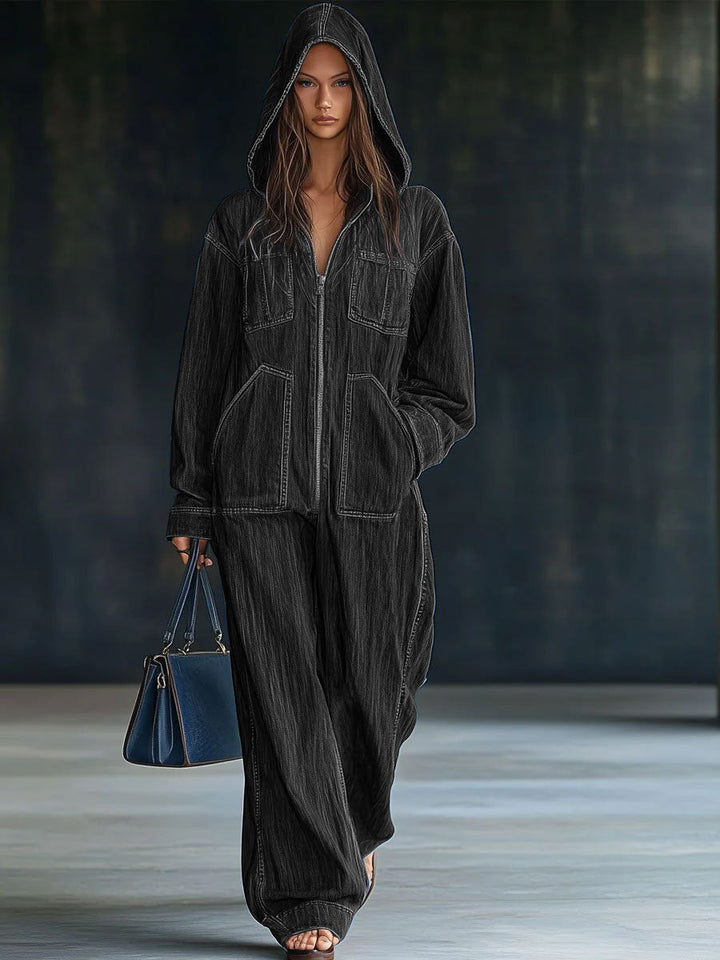 Casual Loose Retro Pocket Long Sleeve Hooded Zip Denim Jumpsuit