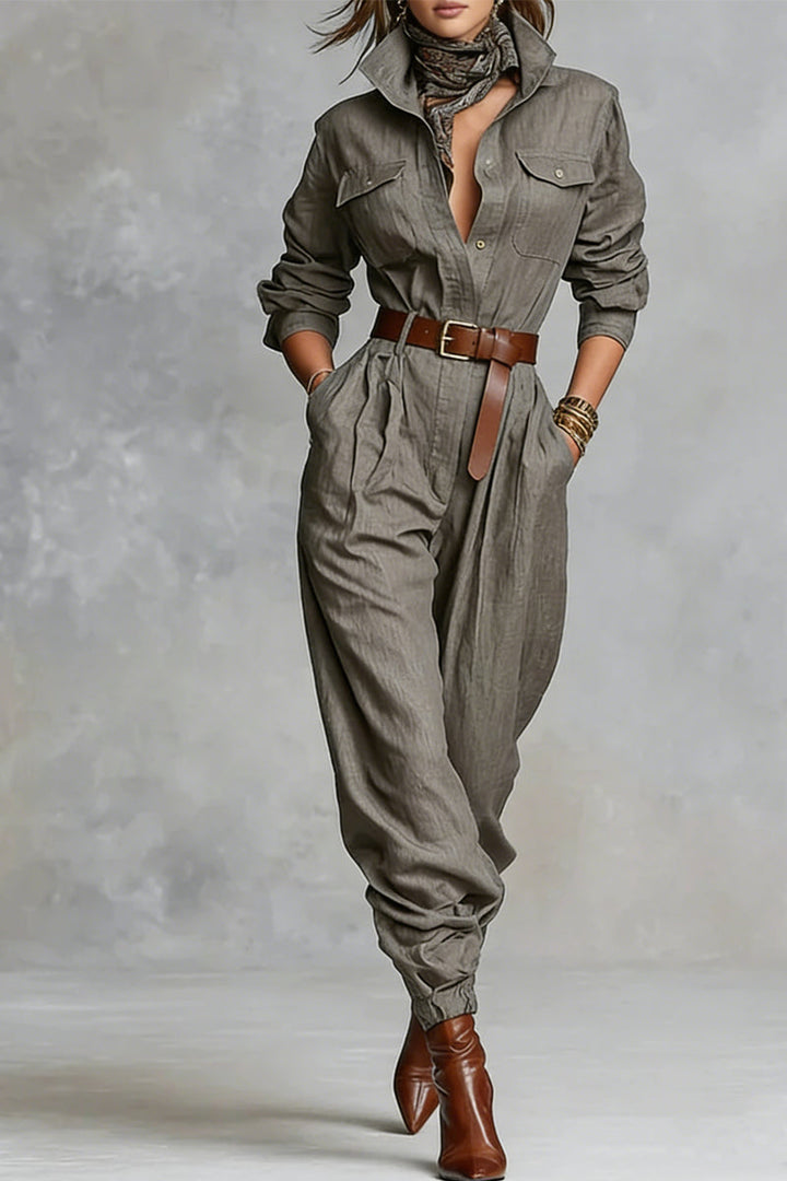 Cotton and linen blend jumpsuit with long sleeves and collar