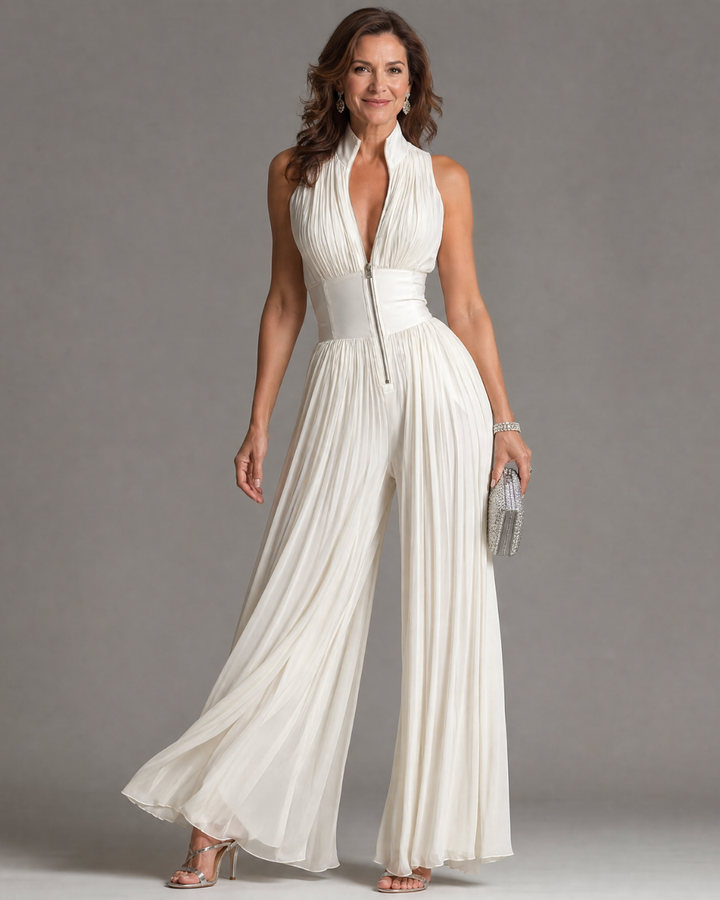 Zakira Jumpsuit | Wide Leg Pleated Halter Neck