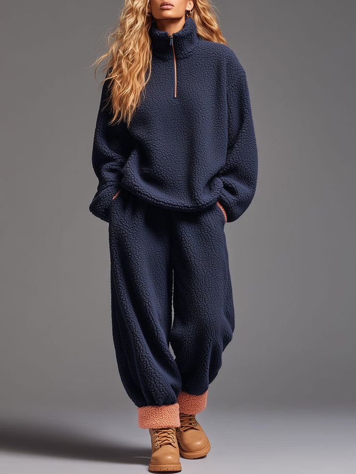 Casual Navy Blue Polar Fleece Half-Zip Sweatshirt Pants Sports Set