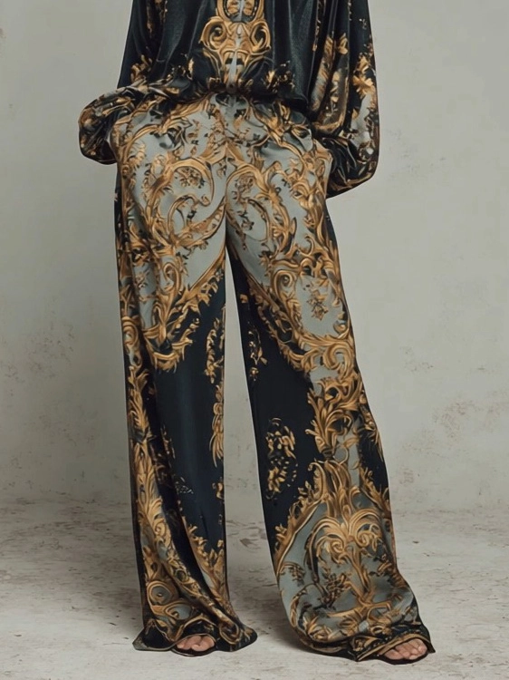 Retro Baroque Print Deep V-Neck Loose Fit Set
