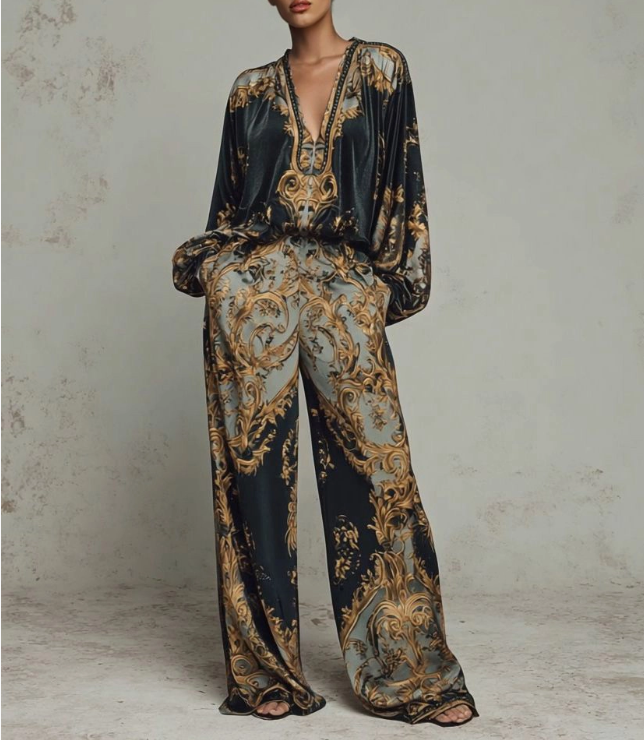 Retro Baroque Print Deep V-Neck Loose Fit Set