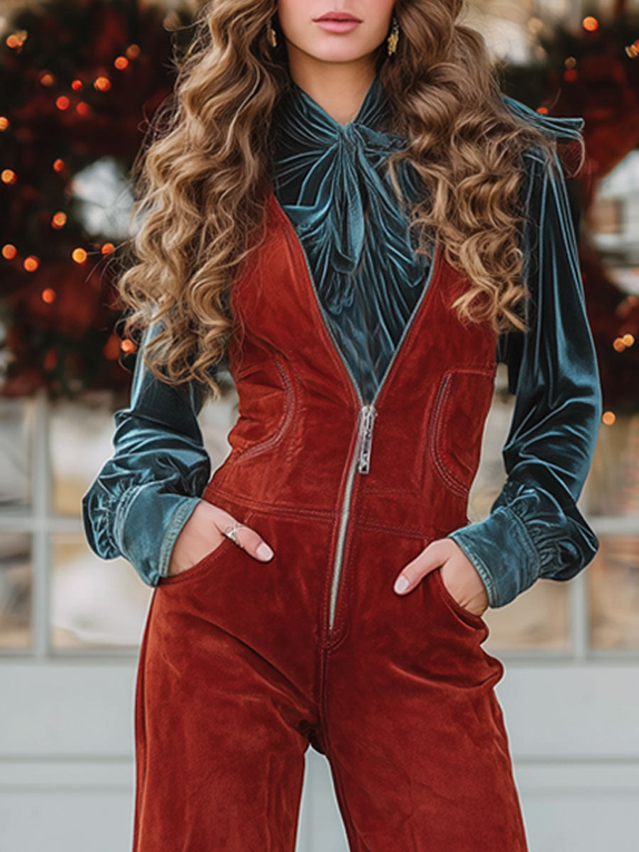 Western retro V-neck zipper red faux suede wide leg overall with tassels