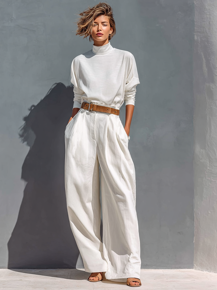 All White Half High Turtleneck Long Sleeve Loose T-Shirt Wide Leg Two-Piece Set (Belt Not Included)