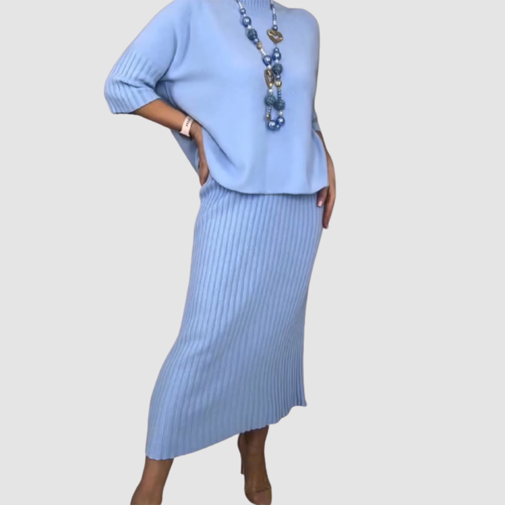 Delyssa | Elegant 2-Piece Set | Relaxed Top and Ribbed Midi Skirt