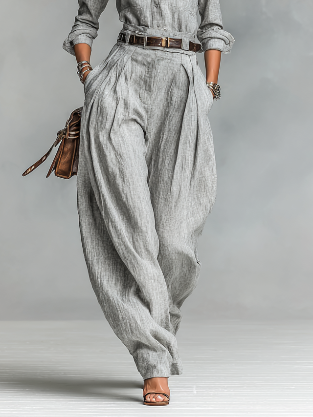 Cotton-linen mix long sleeve shirt and pants two-piece set (belt not included)