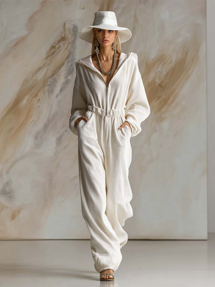 Casual loose fashionable white corduroy hooded jumpsuit with front zipper and long sleeves