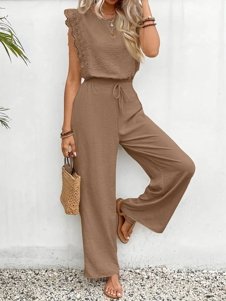 Zella |  Elegant Two-Piece Set | Lace-Trimmed Top and Wide-Leg Trousers