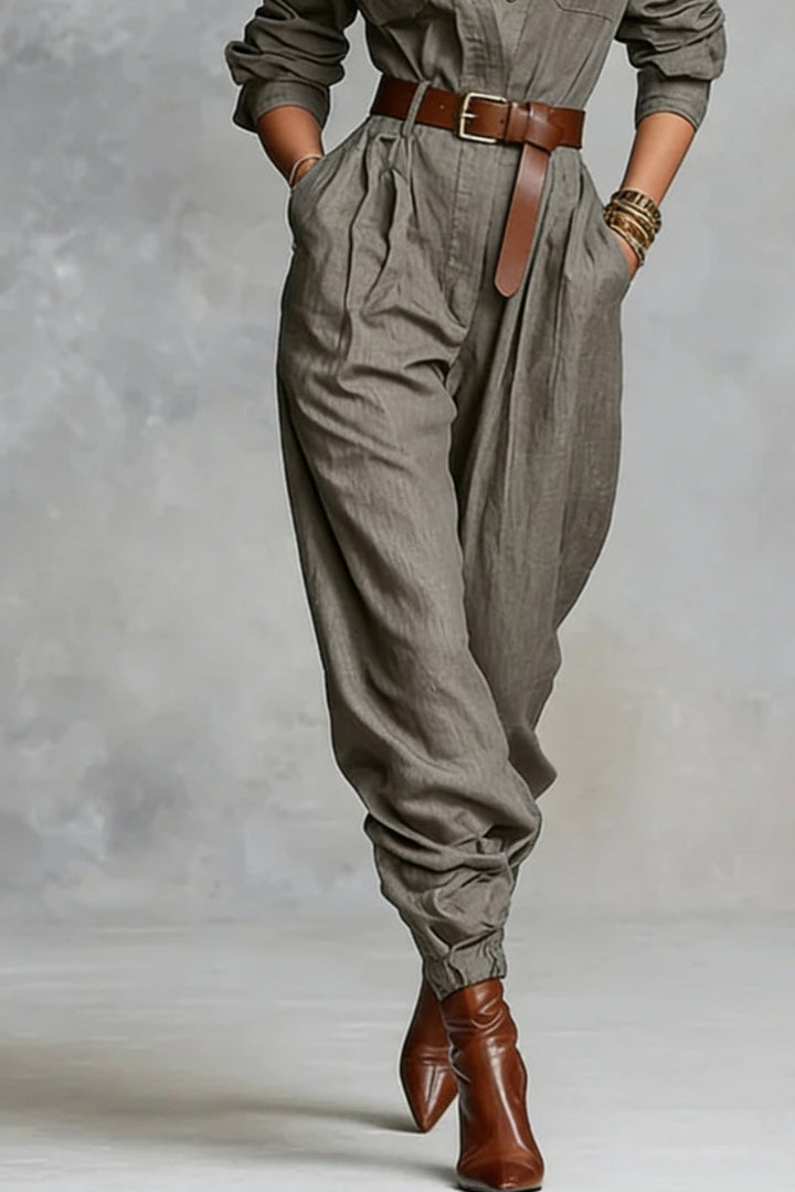 Cotton and linen blend jumpsuit with long sleeves and collar