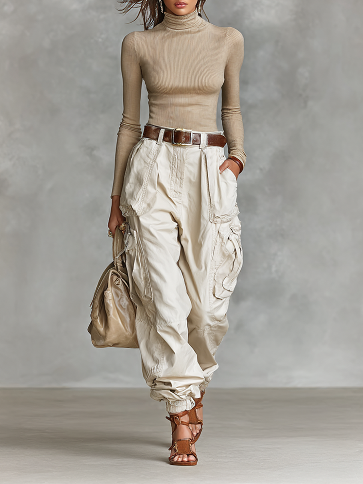 Women's Fitted High Neck Long Sleeve T-Shirt Multi-Pocket Cargo Pants Two-Piece Set (Without Belt)