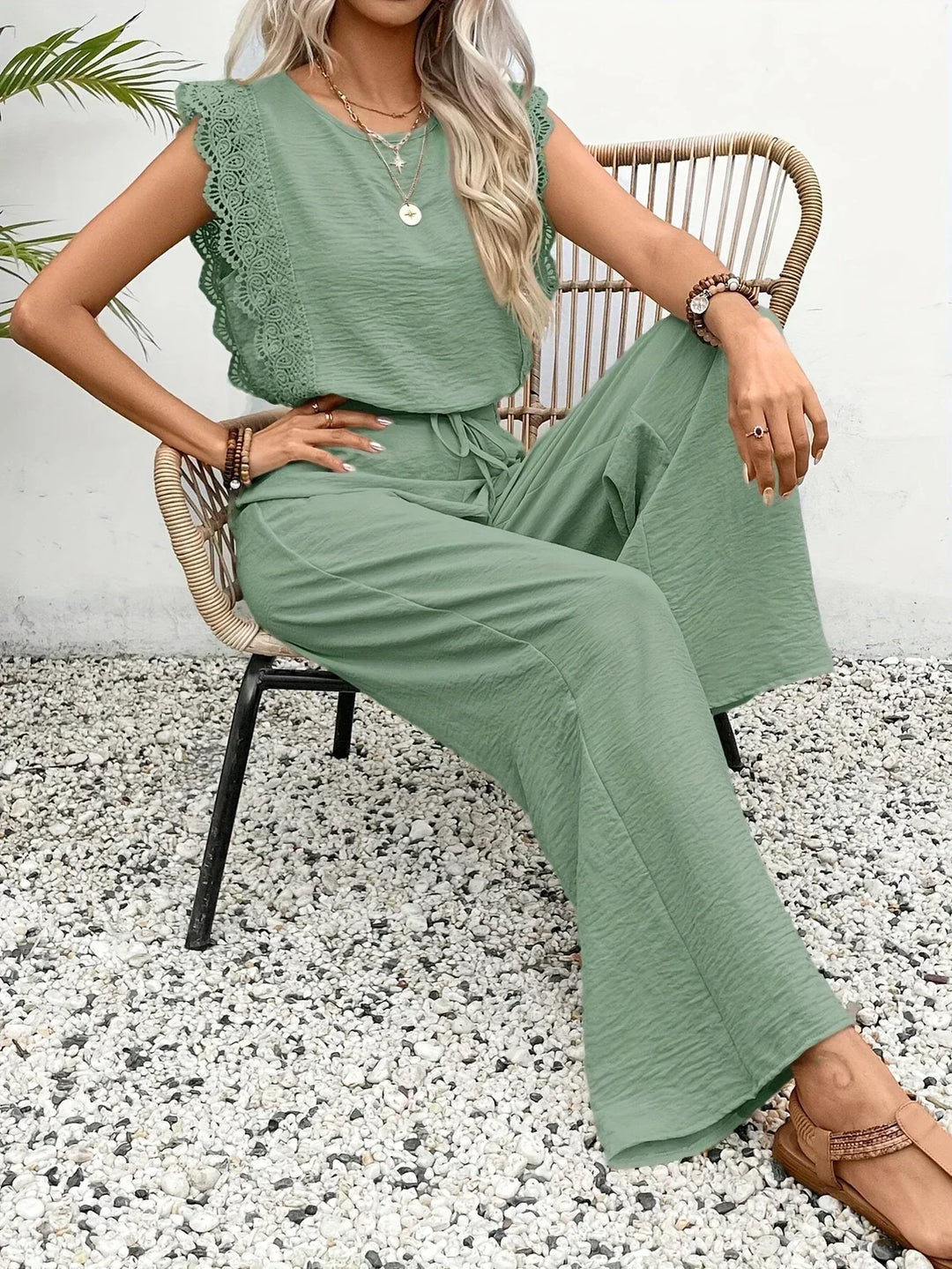 Zella |  Elegant Two-Piece Set | Lace-Trimmed Top and Wide-Leg Trousers