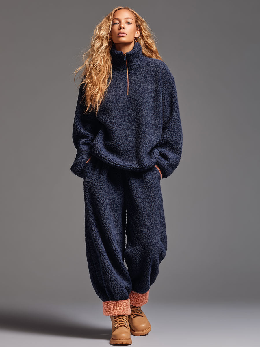 Casual Navy Blue Polar Fleece Half-Zip Sweatshirt Pants Sports Set