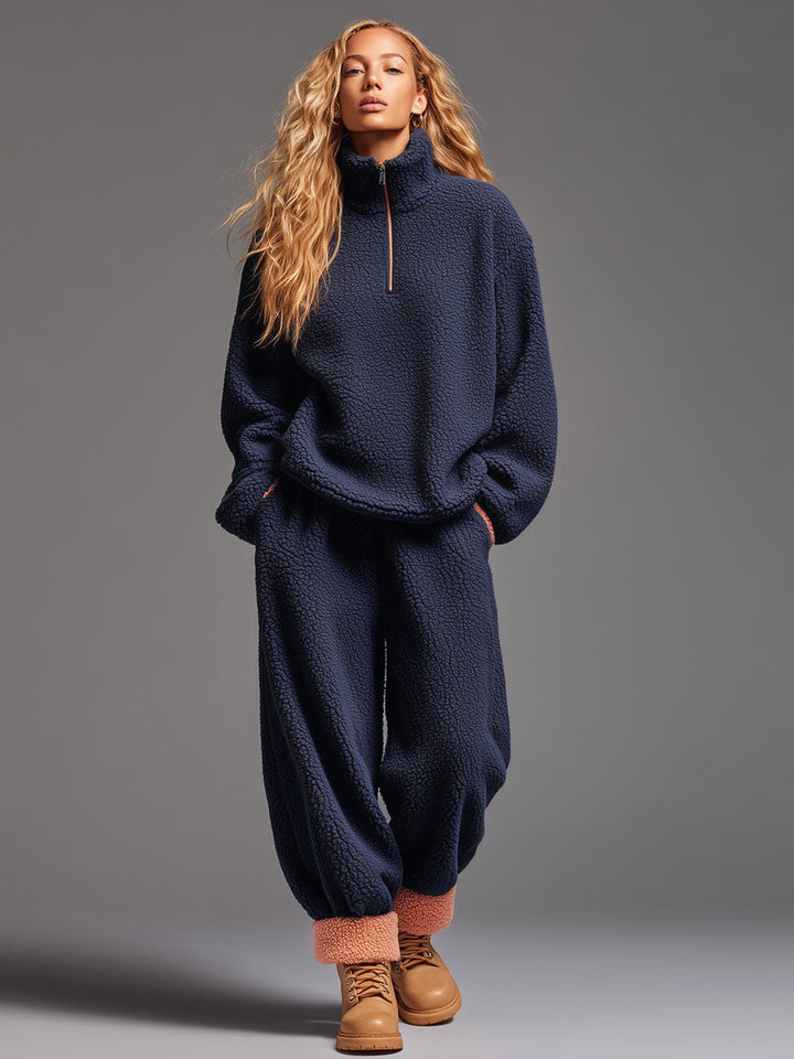 Casual Navy Blue Polar Fleece Half-Zip Sweatshirt Pants Sports Set