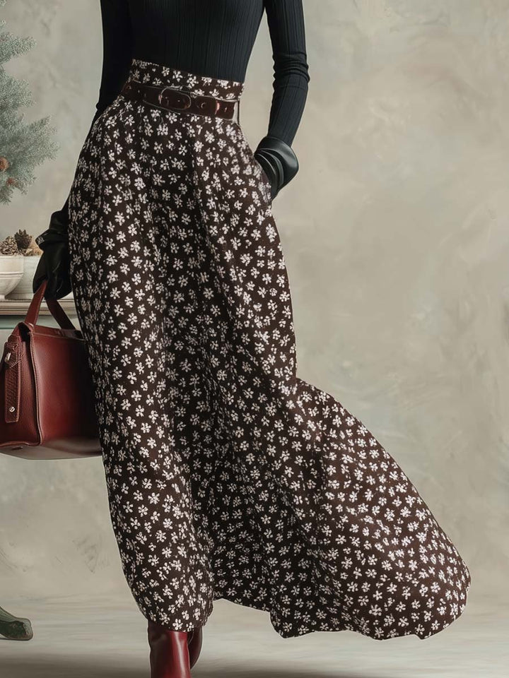 Elegant retro black turtleneck top and brown snowflake print long skirt set