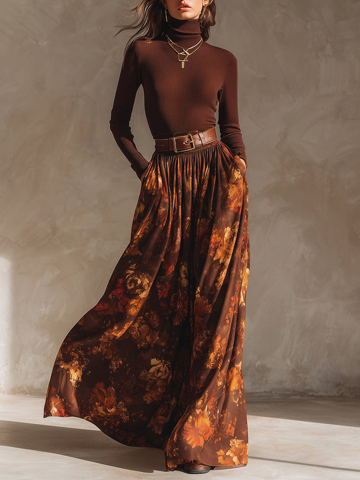 Retro Turtleneck Knitted Top & Printed Long Skirt Set with Belt
