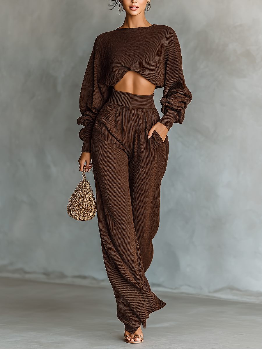 Ladies Coffee Colored Short Top and Wide Pants Knitted Set