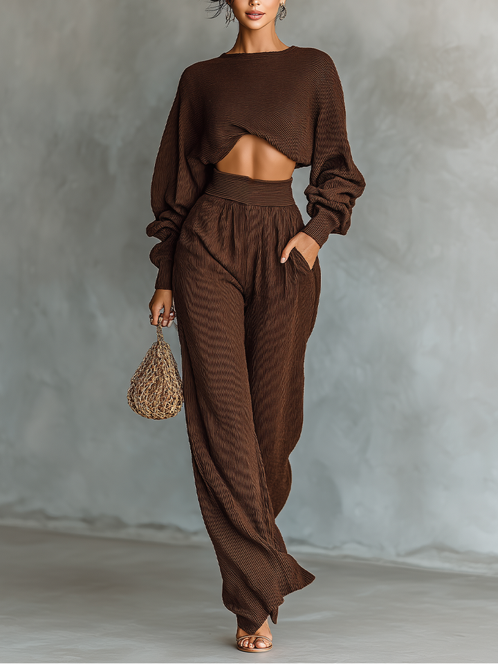 Ladies Coffee Colored Short Top and Wide Pants Knitted Set