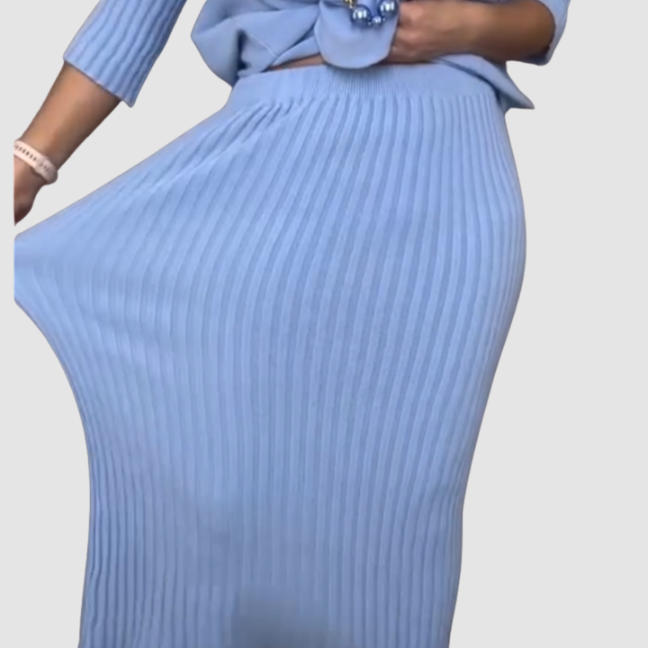 Delyssa | Elegant 2-Piece Set | Relaxed Top and Ribbed Midi Skirt