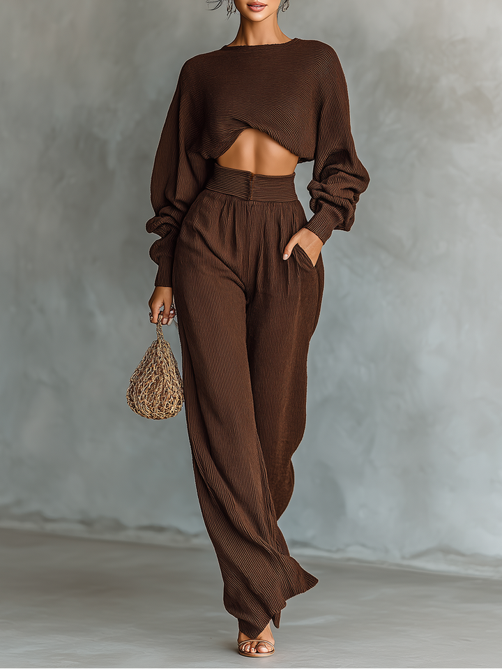 Ladies Coffee Colored Short Top and Wide Pants Knitted Set