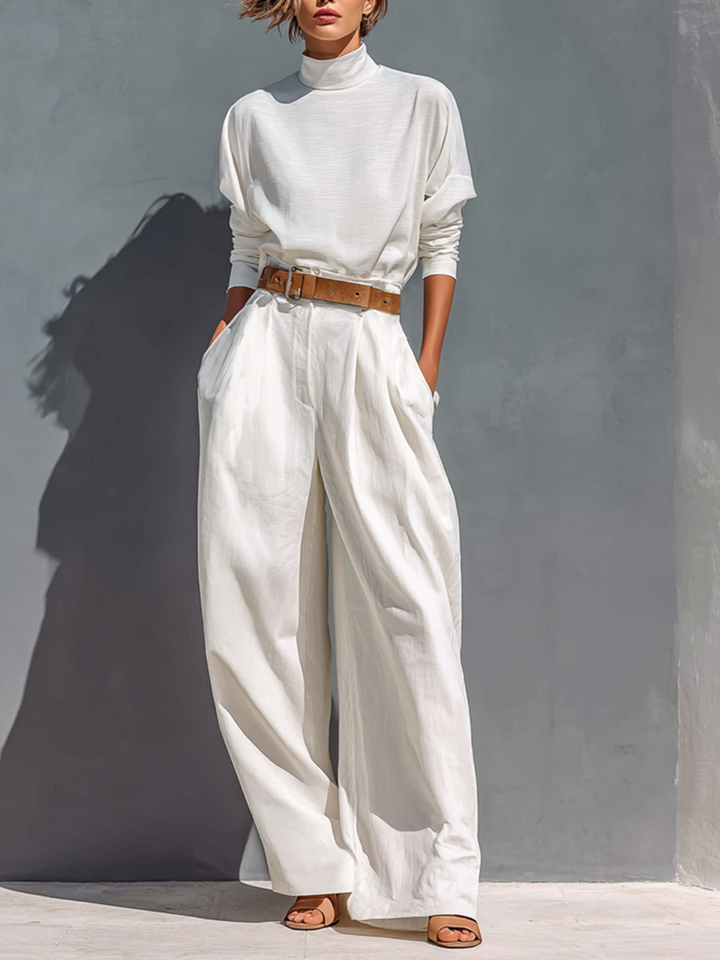All White Half High Turtleneck Long Sleeve Loose T-Shirt Wide Leg Two-Piece Set (Belt Not Included)