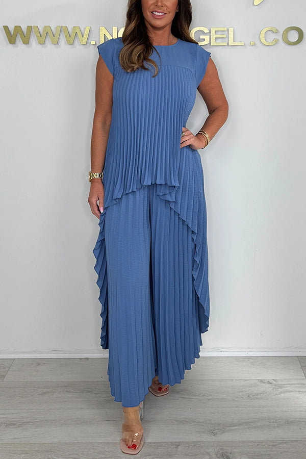 Sherry| Pleated Midi Top & Wide-Leg Pants Set | Elegant Two-Piece Set