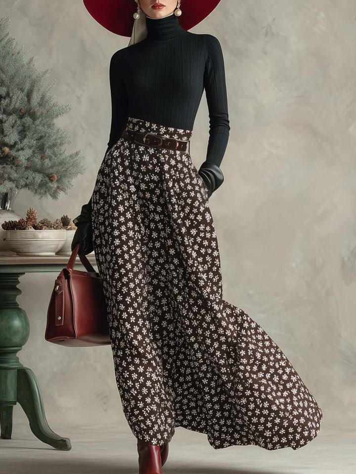 Elegant retro black turtleneck top and brown snowflake print long skirt set