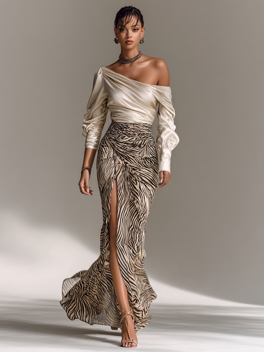 Women's Satin Off-Shoulder Top with Long Sleeves and Zebra Print Hip Wrap Skirt with Split Two-Piece Set