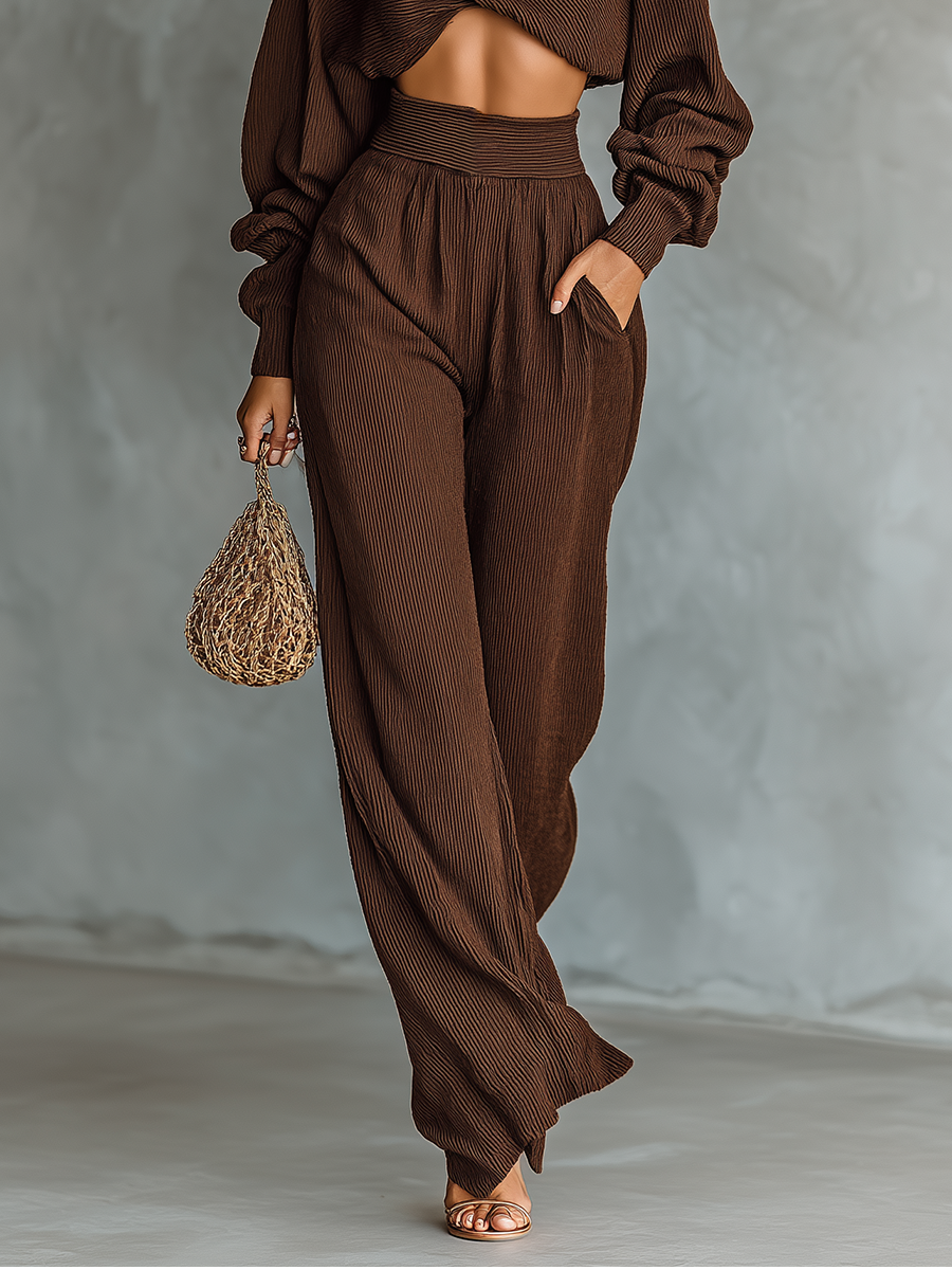 Ladies Coffee Colored Short Top and Wide Pants Knitted Set