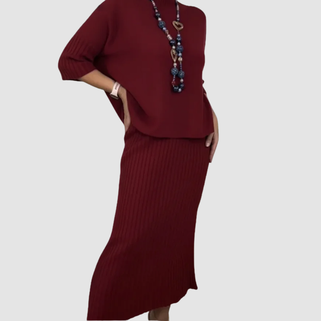 Delyssa | Elegant 2-Piece Set | Relaxed Top and Ribbed Midi Skirt