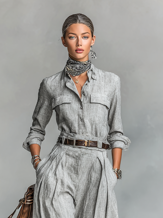 Cotton-linen mix long sleeve shirt and pants two-piece set (belt not included)