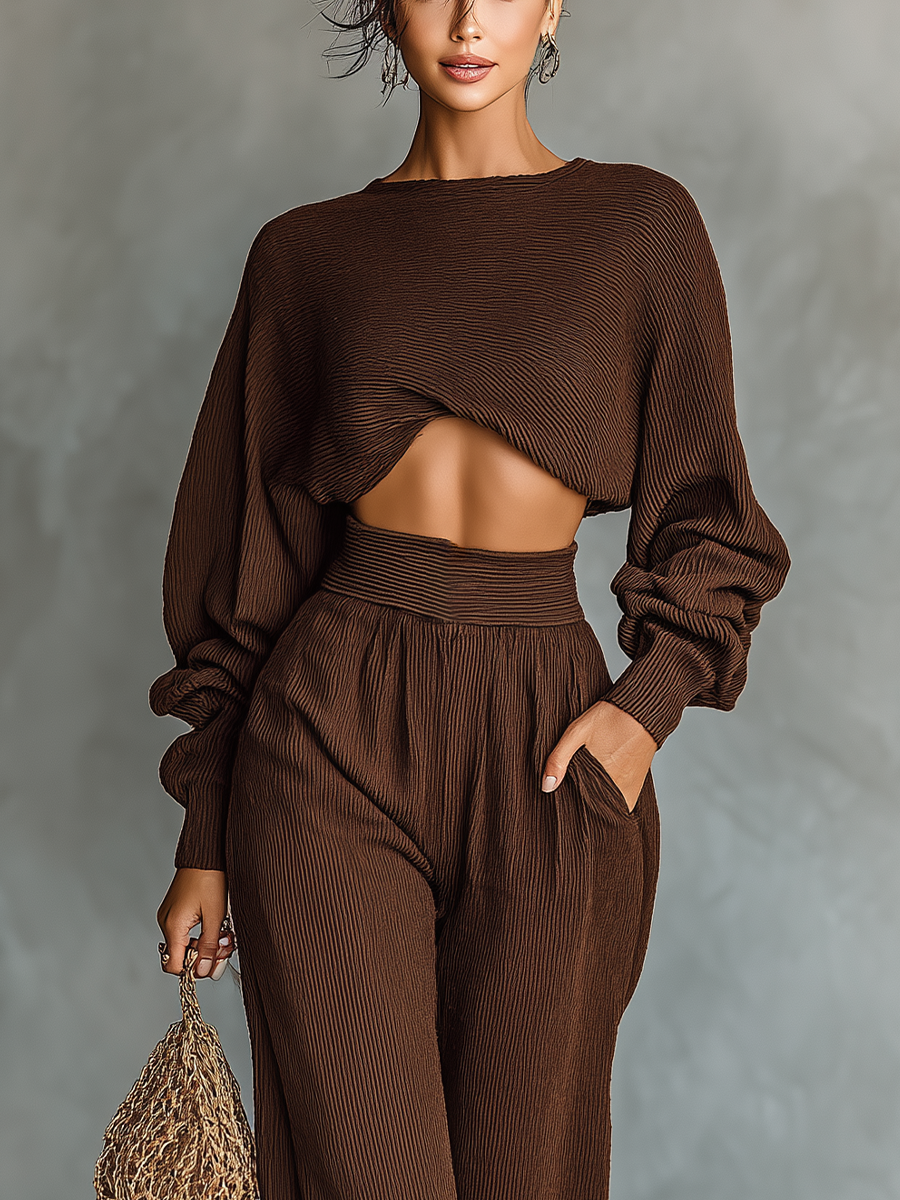 Ladies Coffee Colored Short Top and Wide Pants Knitted Set