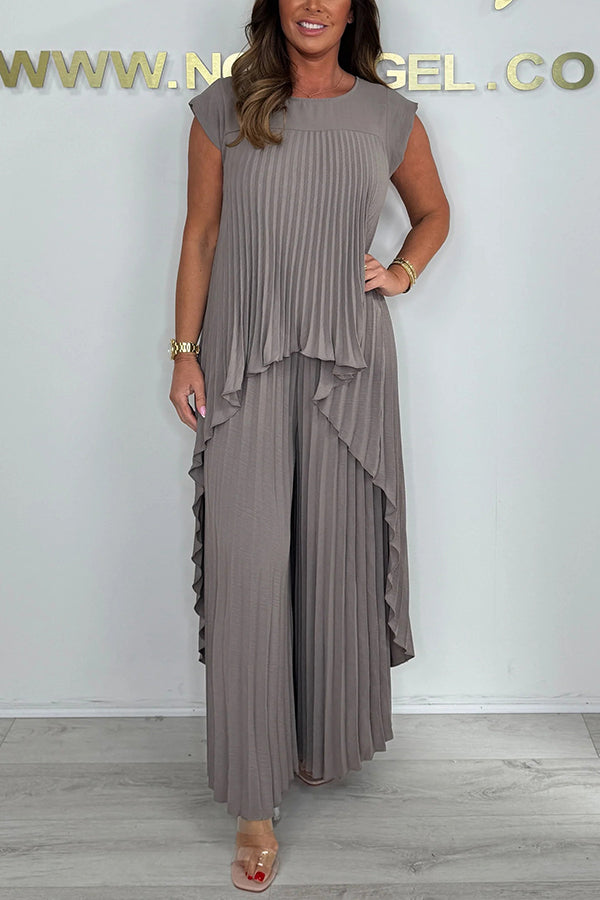 Sherry| Pleated Midi Top & Wide-Leg Pants Set | Elegant Two-Piece Set
