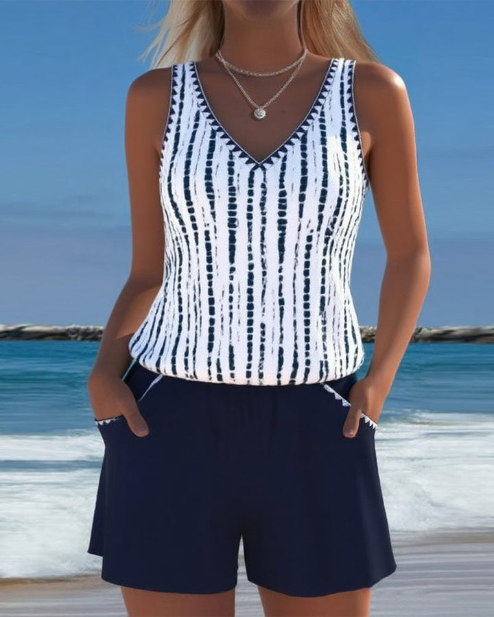 Mia | Casual Printed V-Neck Two-Piece Swimsuit with Pockets