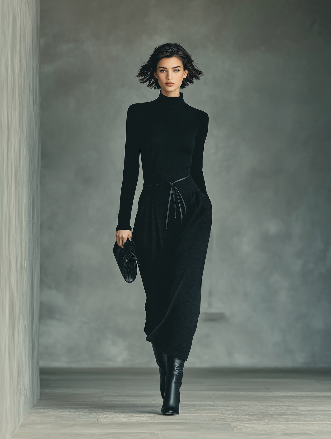 Women's Black High-Stretch Knitted Top and Skirt Set with Cotton Blend