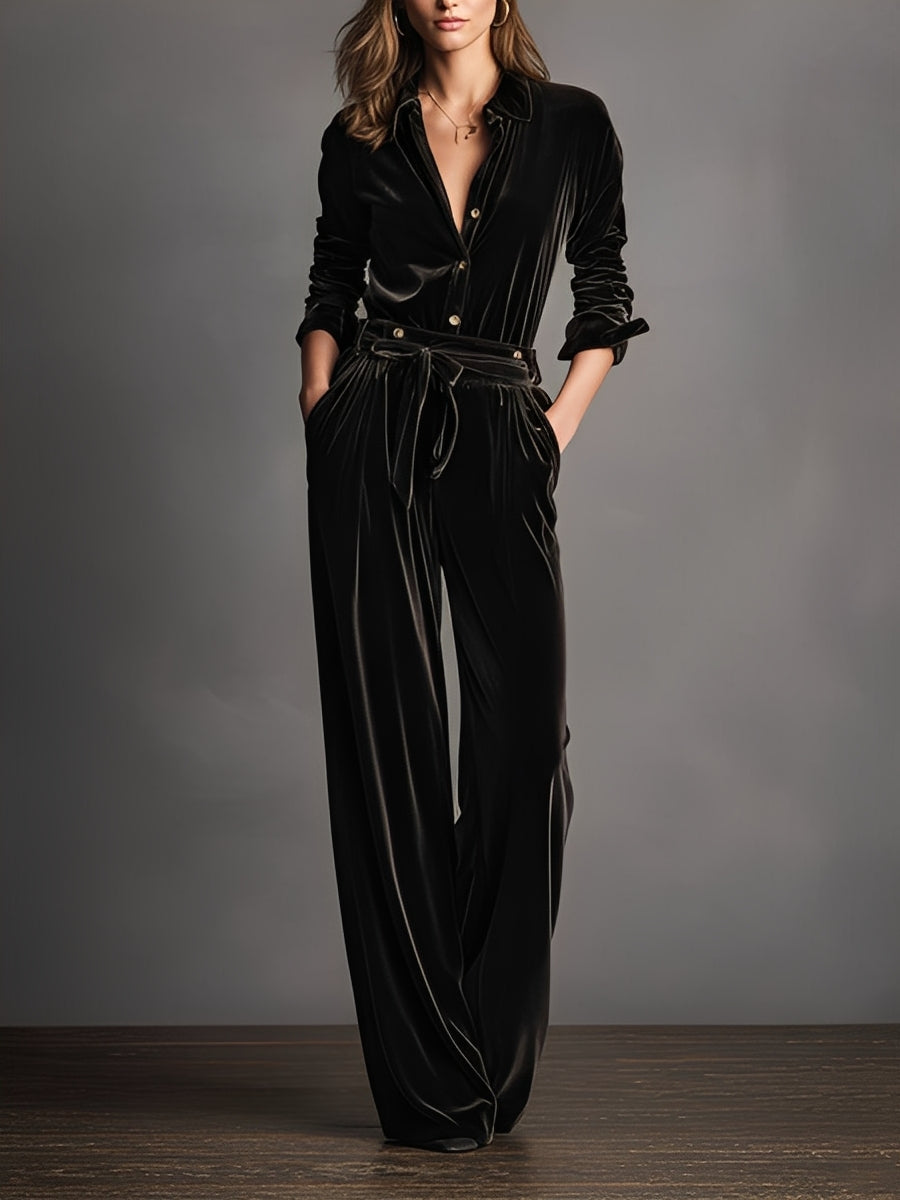 Ladies Black Velvet Lace Elegant Gold Button Jumpsuit