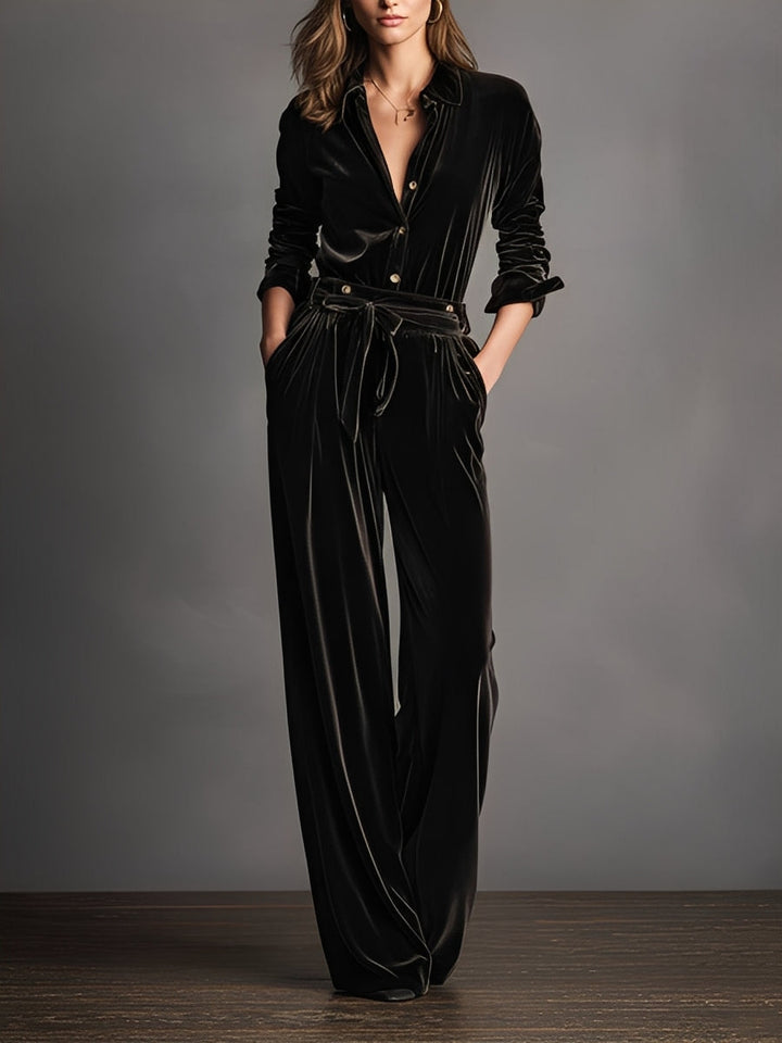 Ladies Black Velvet Lace Elegant Gold Button Jumpsuit
