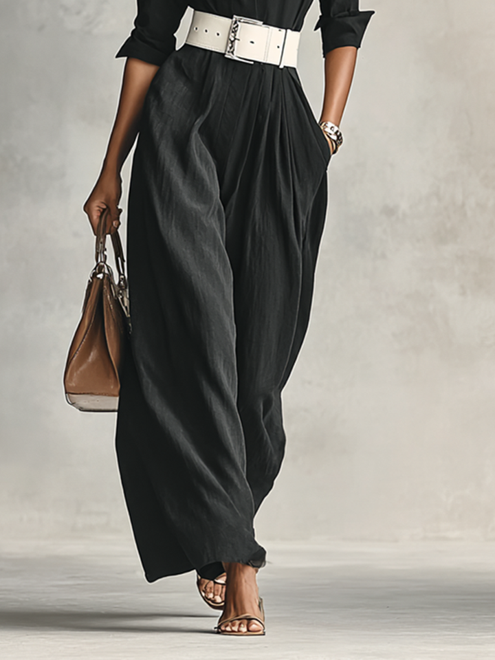 Ladies' Reversible Collar Ankle Button Jumpsuit with Long Sleeves and Belt