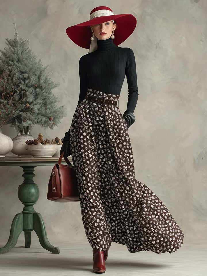 Elegant retro black turtleneck top and brown snowflake print long skirt set