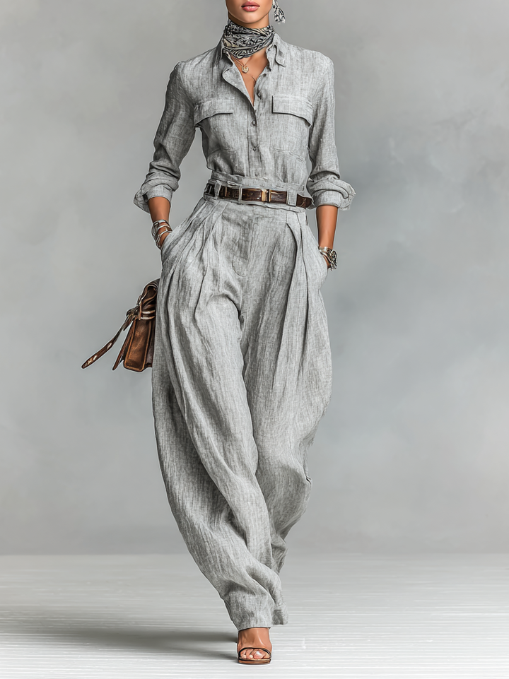 Cotton-linen mix long sleeve shirt and pants two-piece set (belt not included)