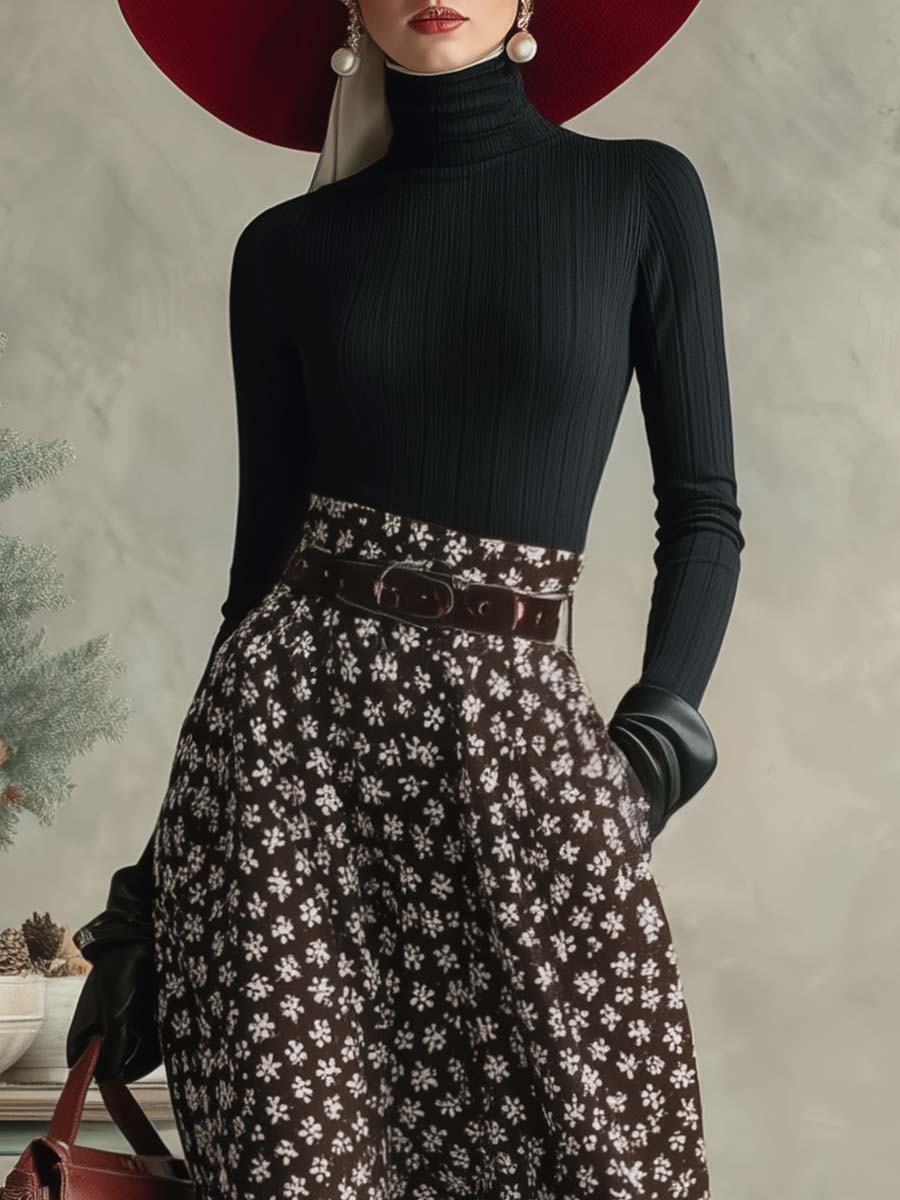 Elegant retro black turtleneck top and brown snowflake print long skirt set