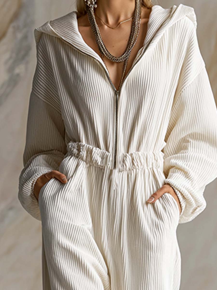 Casual loose fashionable white corduroy hooded jumpsuit with front zipper and long sleeves