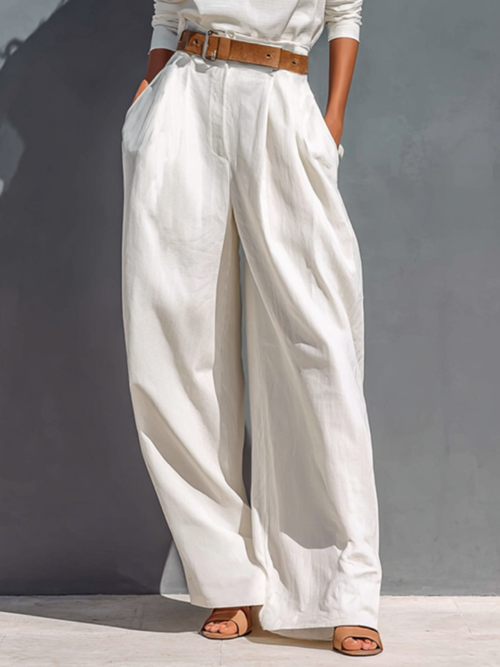 All White Half High Turtleneck Long Sleeve Loose T-Shirt Wide Leg Two-Piece Set (Belt Not Included)